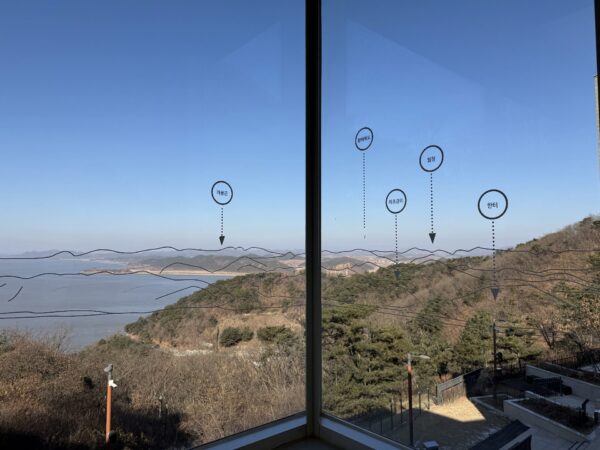View of North Korea across the Jo River from the 2nd floor of the Aegibong Exhibition Hall