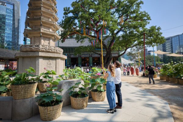 A couple bowing to a pagoda at Jogyesa Buddhist Temple in the heart of the Seoul City Center