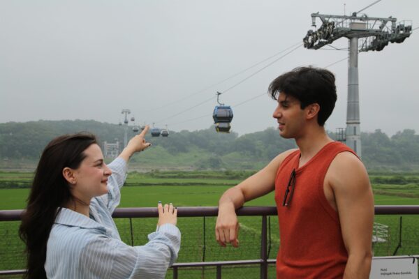 A couple waiting to ride the Paju Imjingak Peace Gondola