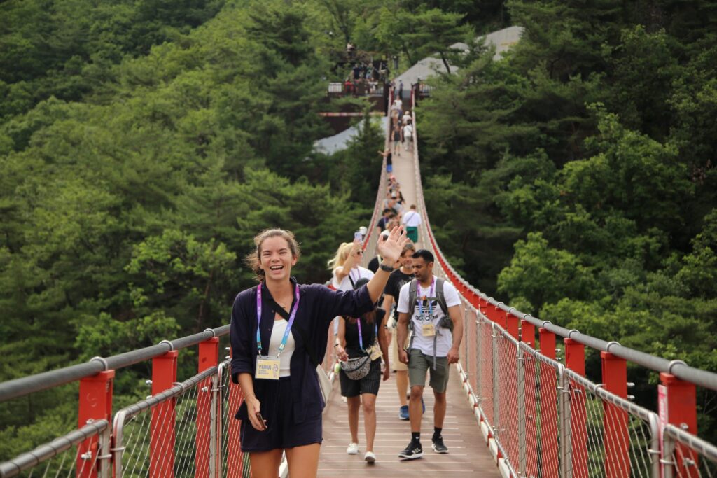A DMZ tour group crossing the Gamaksan Suspension Bridge