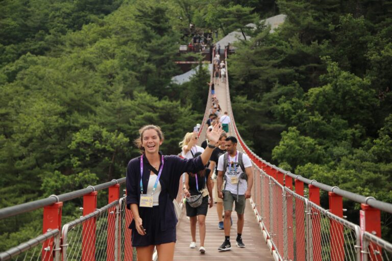 A DMZ tour group crossing the Gamaksan Suspension Bridge