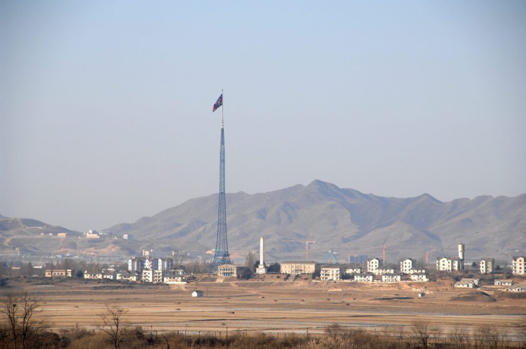 A photo from the distance of Kijong-dong in North Korea showing the enormous flagpole